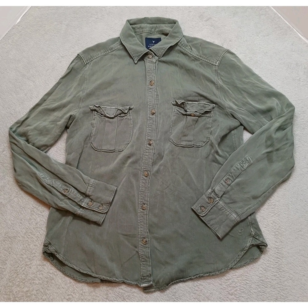 American Eagle Women's Vintage Boyfriend Shirt Sage Green Button Up Size M Top